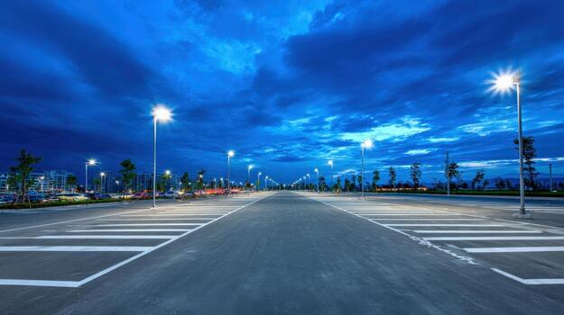 Expansive Parking Lot Illuminated at Twilight Under Moody Sky Urban Infrastructure and Empty Spaces photo