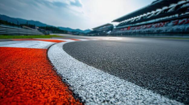 Racing Circuit Asphalt with Painted Kerb and Grandstand in the Background, Promoting Speed and Excitement photo