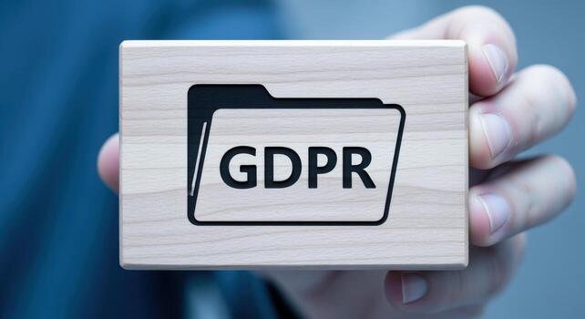 GDPR Compliance Concept Hand Holding Wooden Block with Data Protection Folder Icon, Illustrating Regulations and Privacy photo