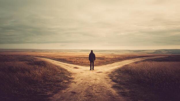 Man Stands at Crossroads Contemplating Future Path, Decision Making and Choices in Remote Landscape photo