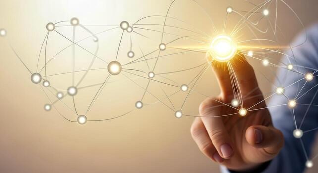 Abstract Technology Network Connection with Hand Touching Point, Representing Innovation, Communication, and Global Connectivity photo