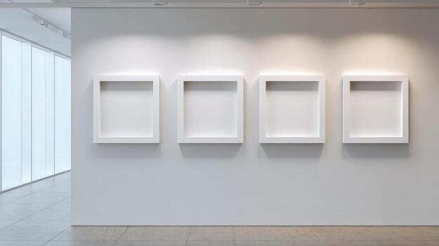 Gallery Wall with Four Empty White Frames for Mockups, Art Displays, or Creative Presentations photo
