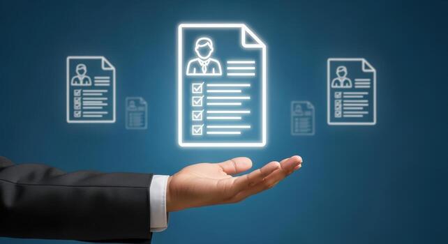 Digital Resume Concept with Hand Presenting Candidate Profiles for Recruitment and Human Resources Management on Blue Background photo