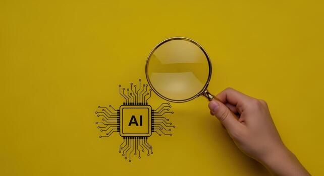 Artificial Intelligence Examination Hand Holding Magnifying Glass Over AI Chip on Yellow Background photo