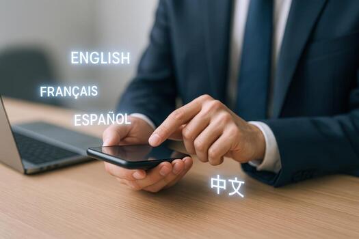 Man using multilingual translation app on smartphone, globalization and international business communication concept photo