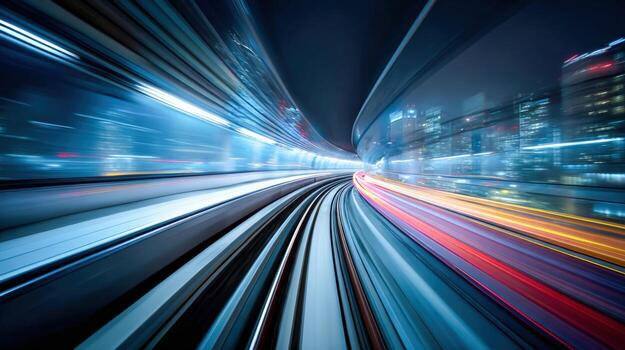 Dynamic Motion Blur Capturing High Speed Train Journey Through Cityscape at Night photo