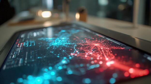 Modern Digital Display with Futuristic Data Visualization, Red and Blue Information Graphics, Abstract Technology Interface photo