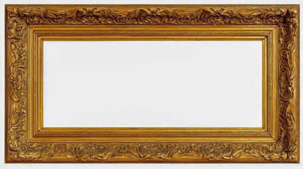 Ornate Gold Picture Frame with Detailed Carvings and Rectangular Opening, Isolated on White Background, Ideal for Art and Photography photo