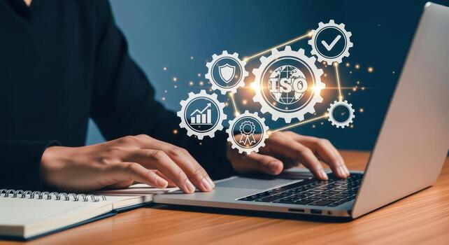 ISO Standards Implementation on Laptop Quality Management, Certification and Assurance Concept photo
