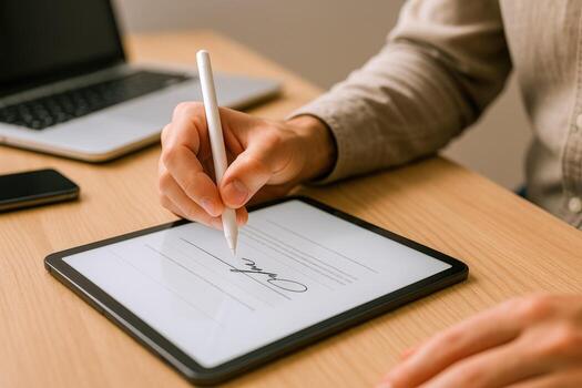 Digital Signature on Tablet Man Signing Contract Electronically with Stylus for Business Agreement photo