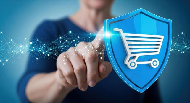 Online Shopping Security Concept Person Activating Shield with Shopping Cart Icon on Digital Interface photo