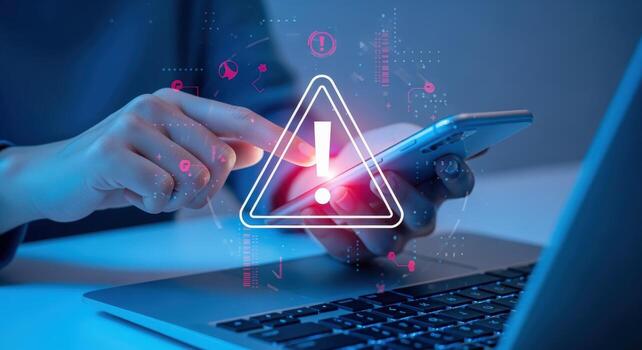 Cybersecurity Alert User Experiencing Warning on Mobile Device While Using Laptop, Indicating Potential Data Breach photo