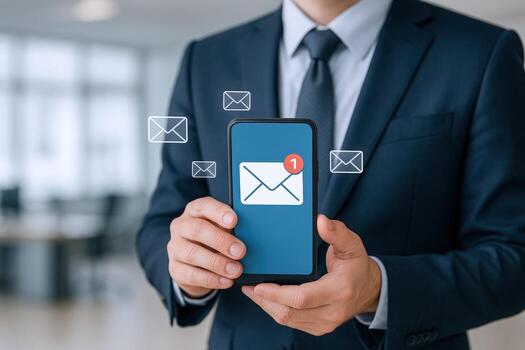 Businessman Holding Smartphone Displaying New Email Notification, Representing Mobile Communication and Digital Technology photo