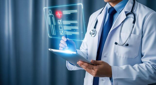 Doctor Using Digital Tablet Examining Patient Data with Futuristic Technology Interface in Hospital Setting photo