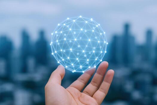Person Holding a Glowing Digital Sphere Over Cityscape Technology, Connection, and Innovation Concept photo