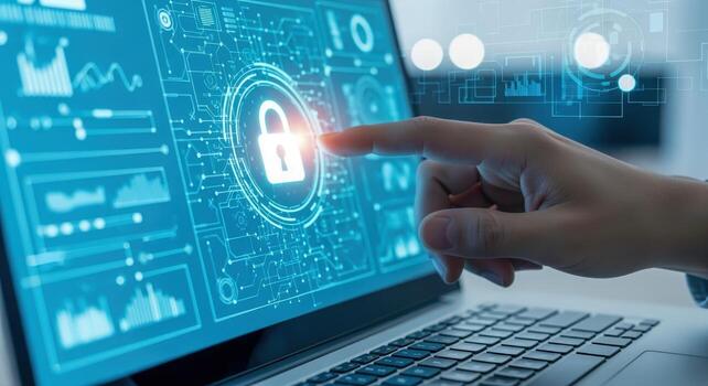 Data protection on laptop screen with fingertip pointing to lock symbol, network security concept photo