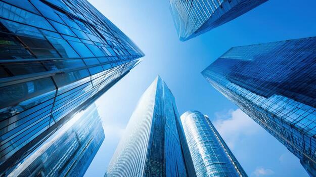 Dramatic Low Angle View of Modern Skyscrapers Against a Clear Blue Sky Emphasizing Height and Architecture photo