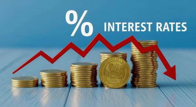 Interest Rate Fluctuation Visualized with Coins and a Red Arrow, Representing Economic Trends photo