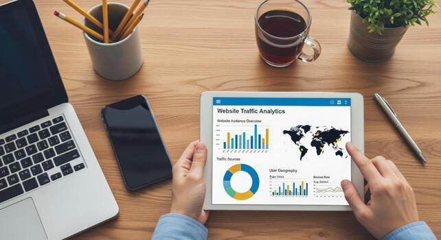 Analyzing Website Traffic Analytics on a Tablet Display with Laptop, Smartphone, Coffee and Pencils photo