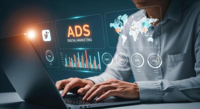 Digital Marketing Strategy Man Analyzing Global Data, Optimizing Online Ads with Modern Technology on Laptop photo