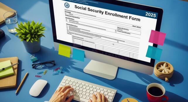 Online Form Submission on Computer Enrollment Application, 2025 Document, Taxes, Benefits, and Finance Concept photo