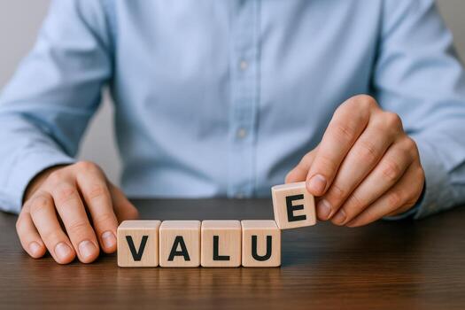 Conceptual shot of wooden blocks spelling out VALUE, with a hand placing the final E photo
