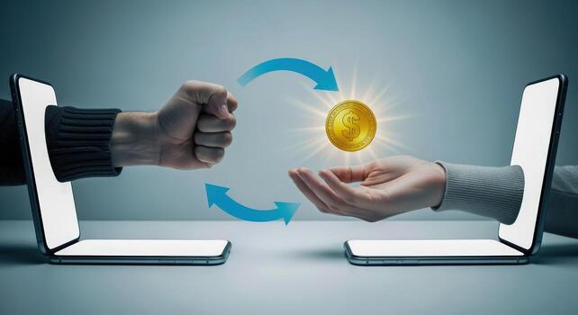 Digital Money Transfer Concept Mobile Devices Facilitating Online Payments and Cryptocurrency Exchange with Arrow Graphics photo