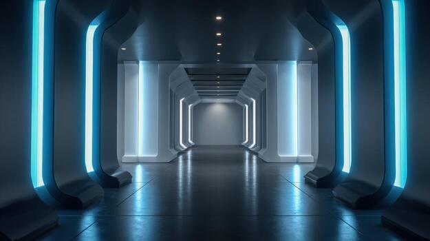 Futuristic Corridor with Neon Lights Modern Interior Architecture and Design for Science Fiction Concepts photo