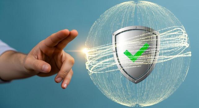 Digital Security Concept Hand Reaching for Shield with Checkmark Representing Data Protection and Cybersecurity photo