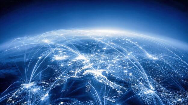 Global Network Connection Visualizing Data Transmission and Communication, Illustrating Worldwide Digital Connectivity and Infrastructure photo