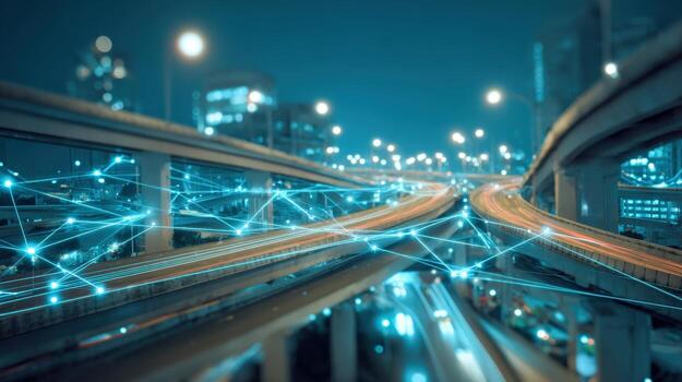 Futuristic Cityscape at Night with Digital Network Overlay, Featuring Highway Overpasses and Urban Development photo