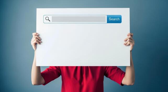 Person Holding Search Bar Sign for Internet Marketing, SEO Optimization and Web Design Concepts photo