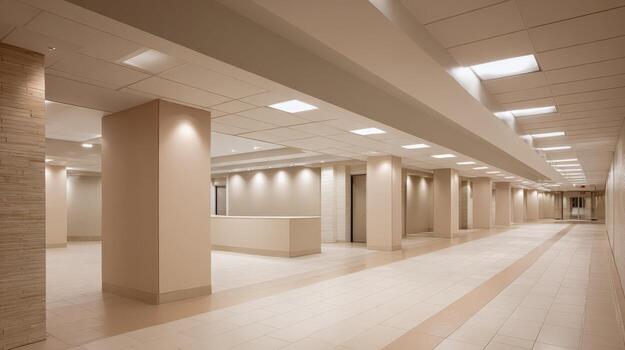 Empty Interior Space with Columns and Bright Lighting, Ideal for Architectural Visualization and Design Projects photo