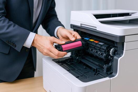 Office Worker Replacing Toner Cartridge in Printer for Optimal Printing Quality and Efficiency photo