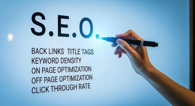 Hand Demonstrates Digital Strategy on Glass Display, Highlighting Search Engine Optimization Concepts for Business Growth photo