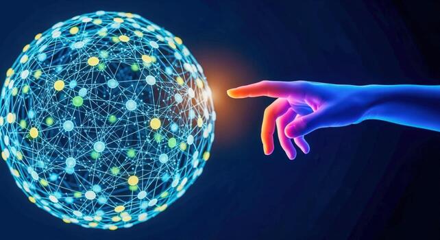Digital Connectivity Human Hand Reaching for Global Network Sphere in a Technological Abstract Space photo