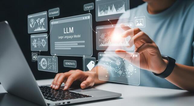 Man Interacting with Large Language Model Interface on Laptop, Exploring Data and AI Solutions photo