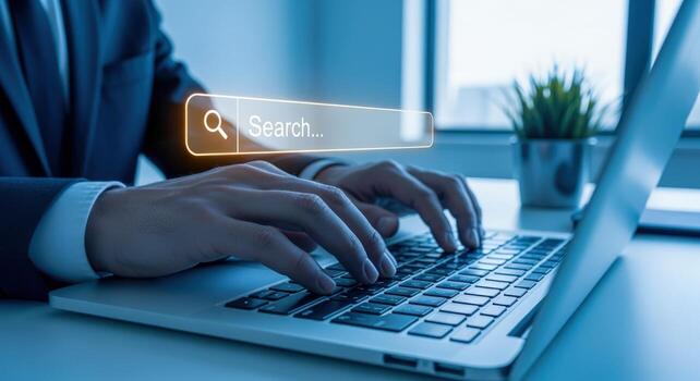 Online Search Concept Businessman Typing on Laptop with Search Bar Visualization for Information Retrieval photo