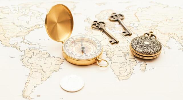 Vintage Compass, Keys, and Pocket Watch on a World Map Background for Travel and Exploration Concepts photo