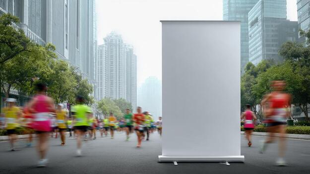 Blank Roll-Up Banner at City Marathon Event with Blurred Runners and Urban Background photo