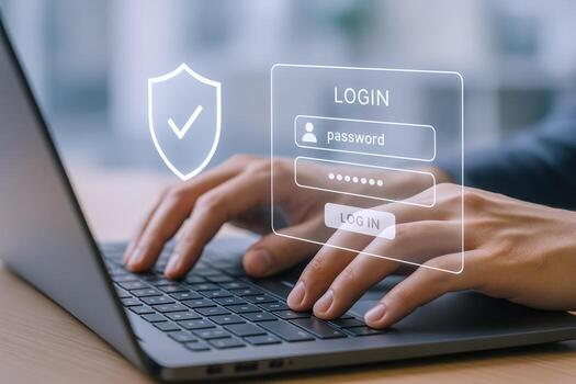 Secure Online Access Person Logging into Account on Laptop with Security Shield Graphic photo
