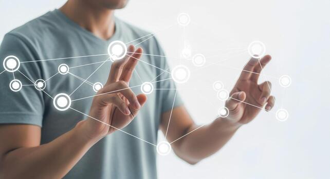 Man Interacting with Digital Interface Futuristic Technology, Data Visualization, and Human-Computer Interaction Concept photo