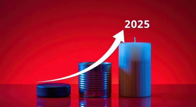 Growth Chart Visualization Object Increasing Height Representing Economic Forecast to the Year 2025 on Red Background photo