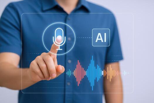 Man Interacting with AI Voice Assistant Interface, Featuring Microphone Icon and Sound Waves on a Transparent Screen photo