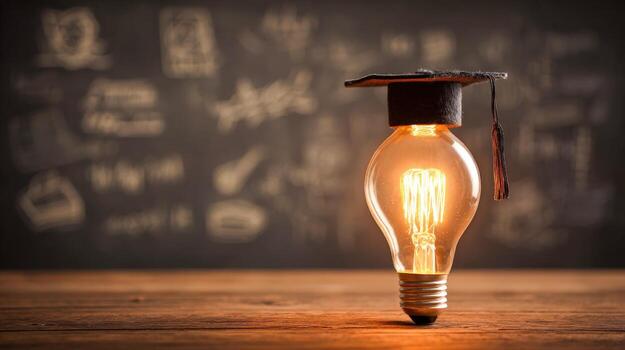 Graduation Cap on a Lightbulb Symbolizing Innovation and Education on Wooden Table with Chalkboard Background photo