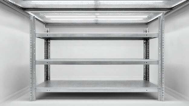 Empty Metal Shelving Unit with Three Levels, Industrial Storage Solution, Isolated in a White Room photo