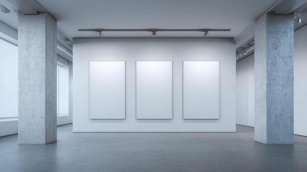 Bright Gallery Space with Three Blank White Canvases for Art Display and Exhibition photo