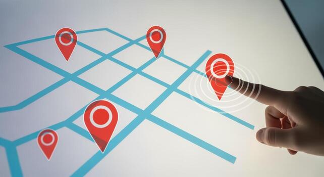 Interactive Map Interface Showing User Touching a Location Pin on a Touchscreen Display photo