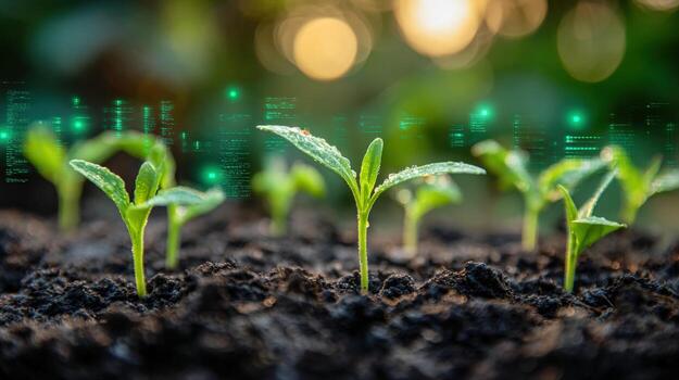 Seedlings Emerging in Soil with Digital Enhancement Agriculture Technology and Sustainable Growth Concept photo