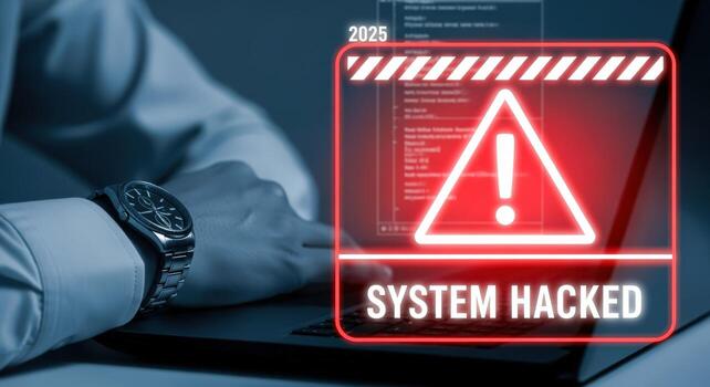 System Hacked Alert on Laptop Display, Security Breach, Data Compromised, Cyber Attack, Risk Management photo